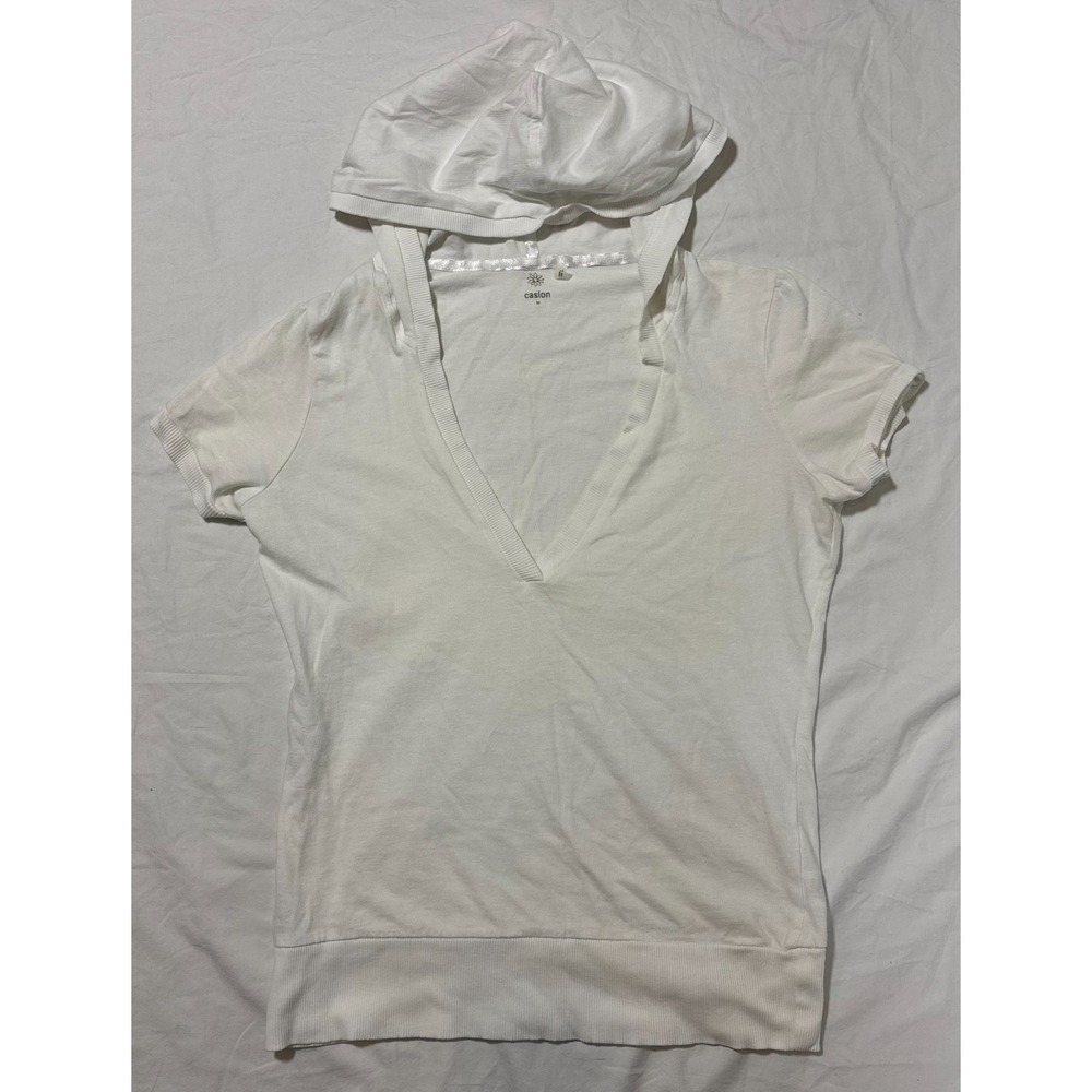 Caslon Womens Hooded Top White Short Sleeve V-Neck Everyday Comfort Modern M